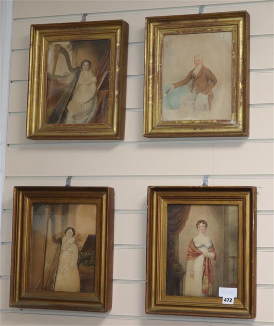 Circle of Adam Buck, four watercolours, Portraits of young ladies, two seated with harps, 26 x 20cm